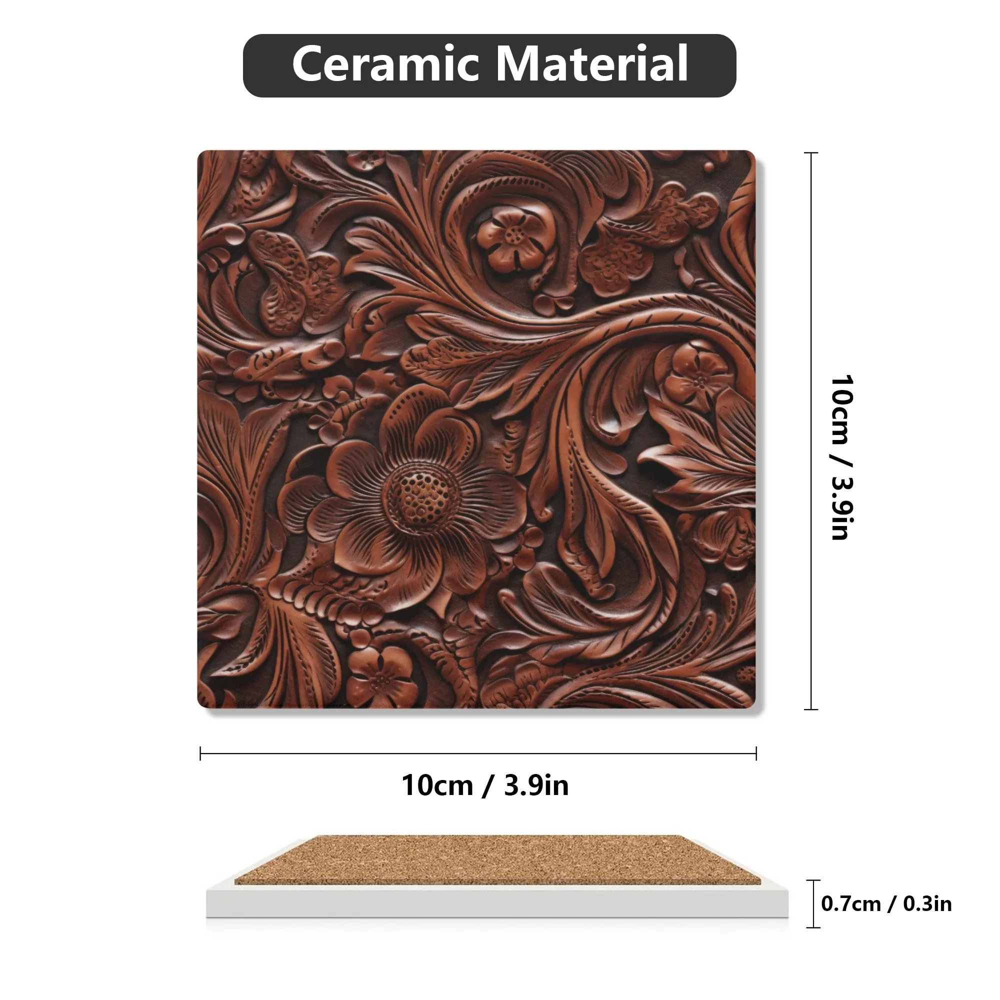Rustic Tooled Deep Brown Leather Flowers with Leaf Accents Print Design Square Ceramic Coasters - Set of 4