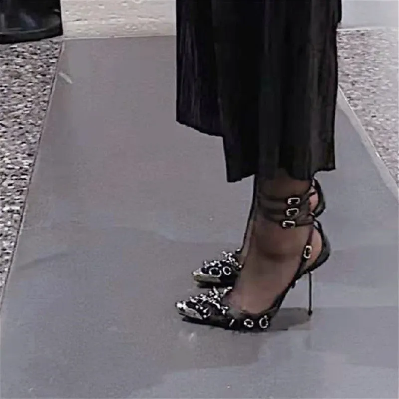 Sexy Black Mesh Women Sandals Metal Toe High Heels Circle Decor Summer Sandal Ankle Straps Dress Shoes Woman Sandalias Mujer