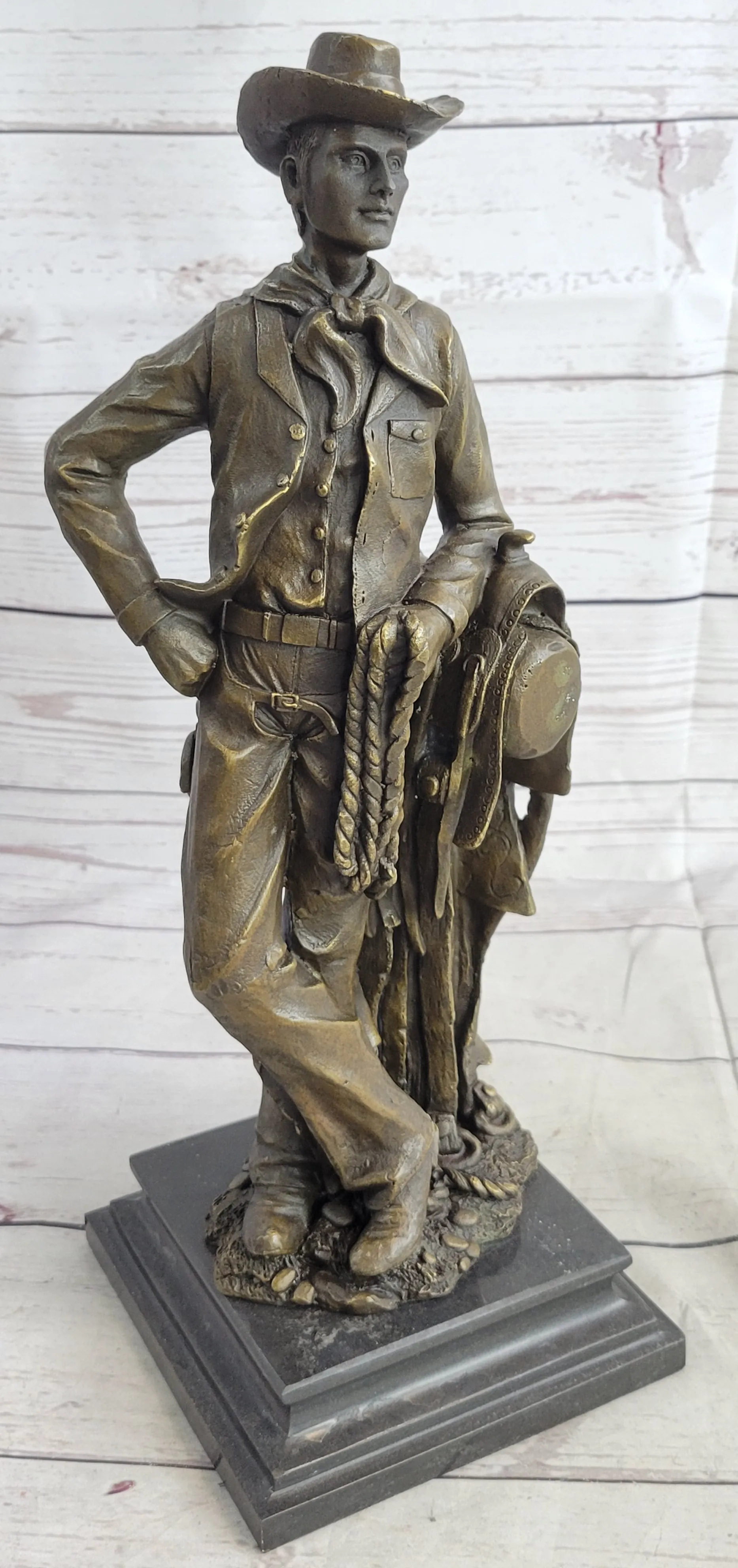 Signed Original Patoue French Artist Cowboy with Rope Bronze Statue Sculpture