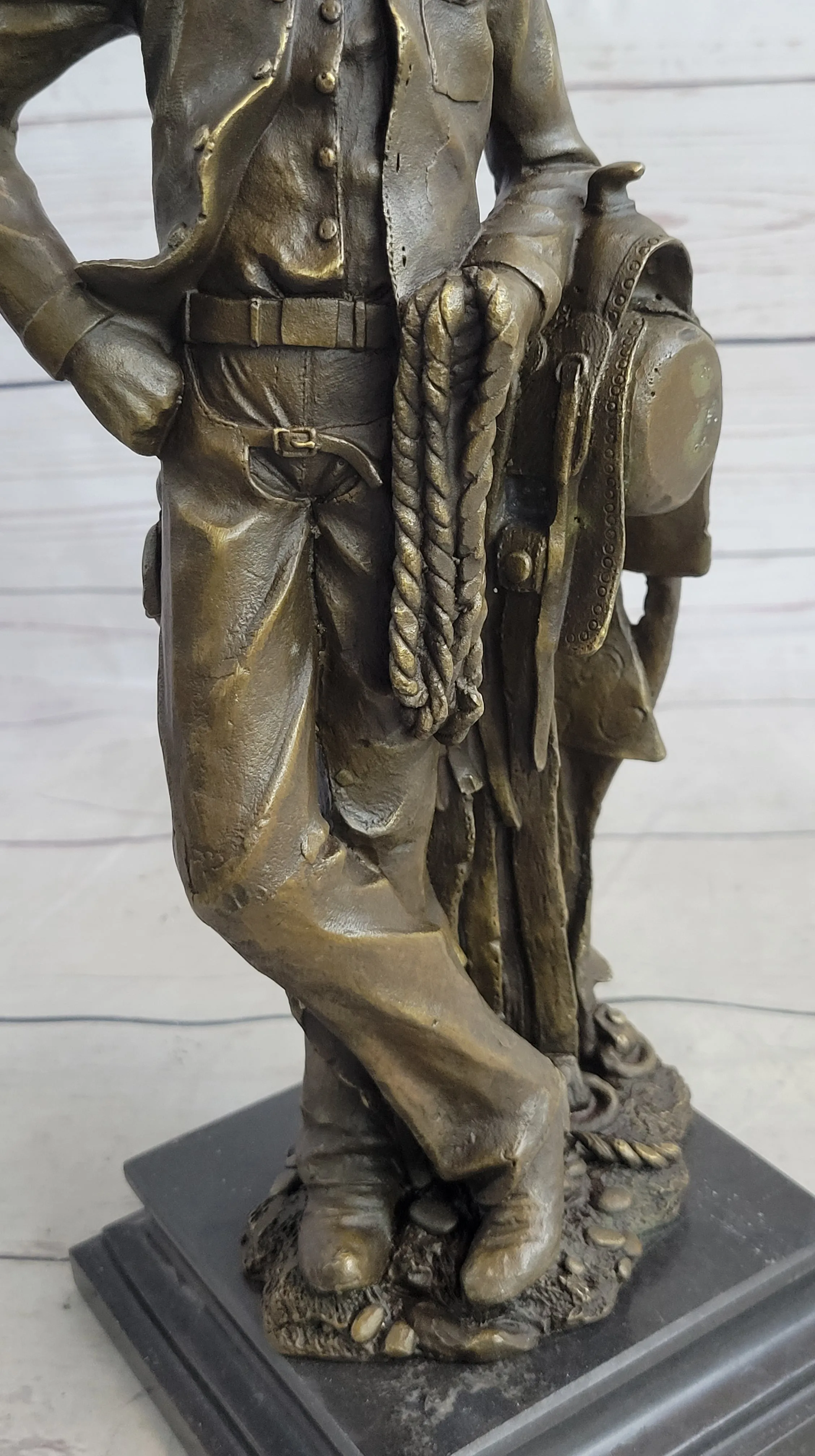 Signed Original Patoue French Artist Cowboy with Rope Bronze Statue Sculpture