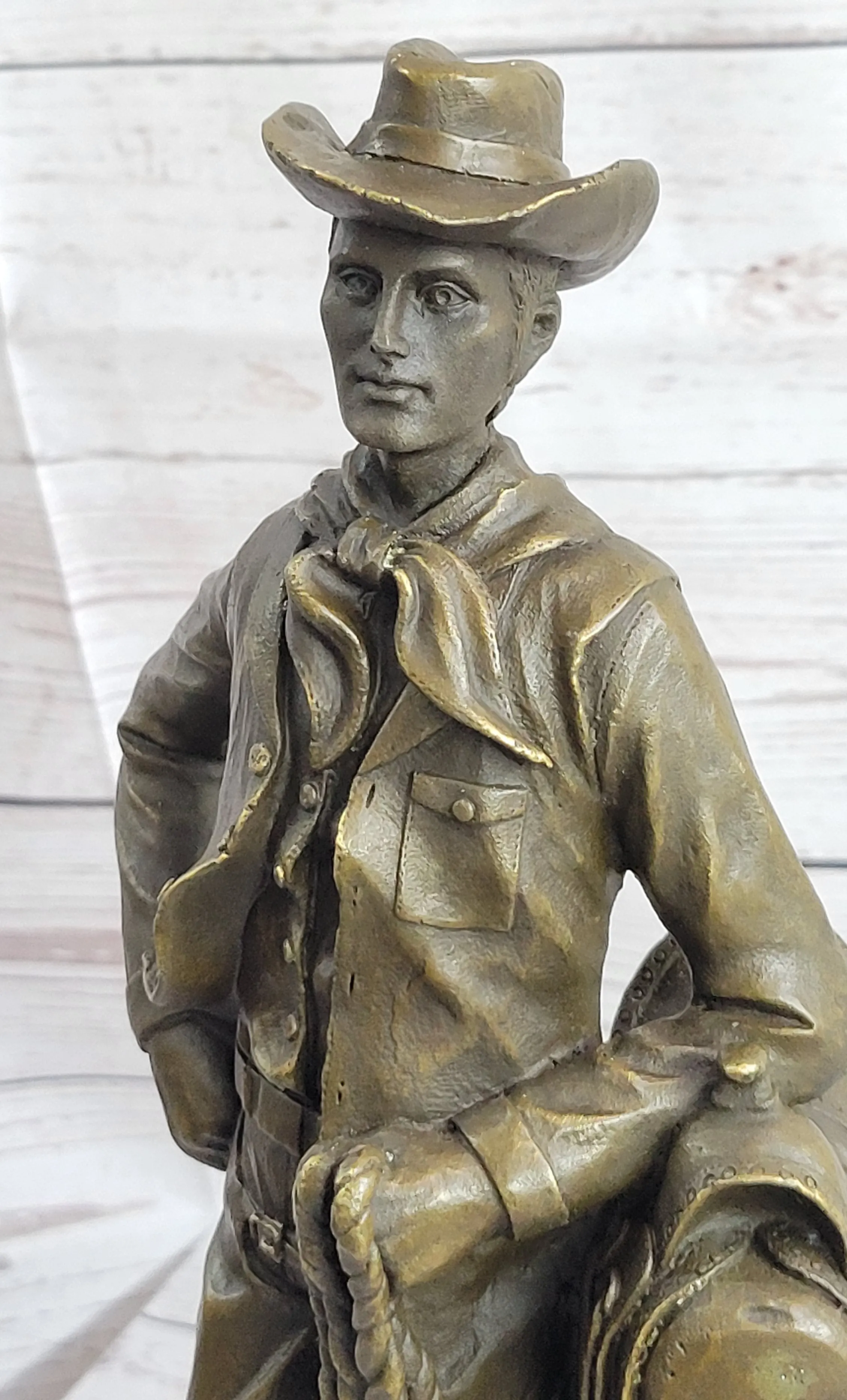 Signed Original Patoue French Artist Cowboy with Rope Bronze Statue Sculpture