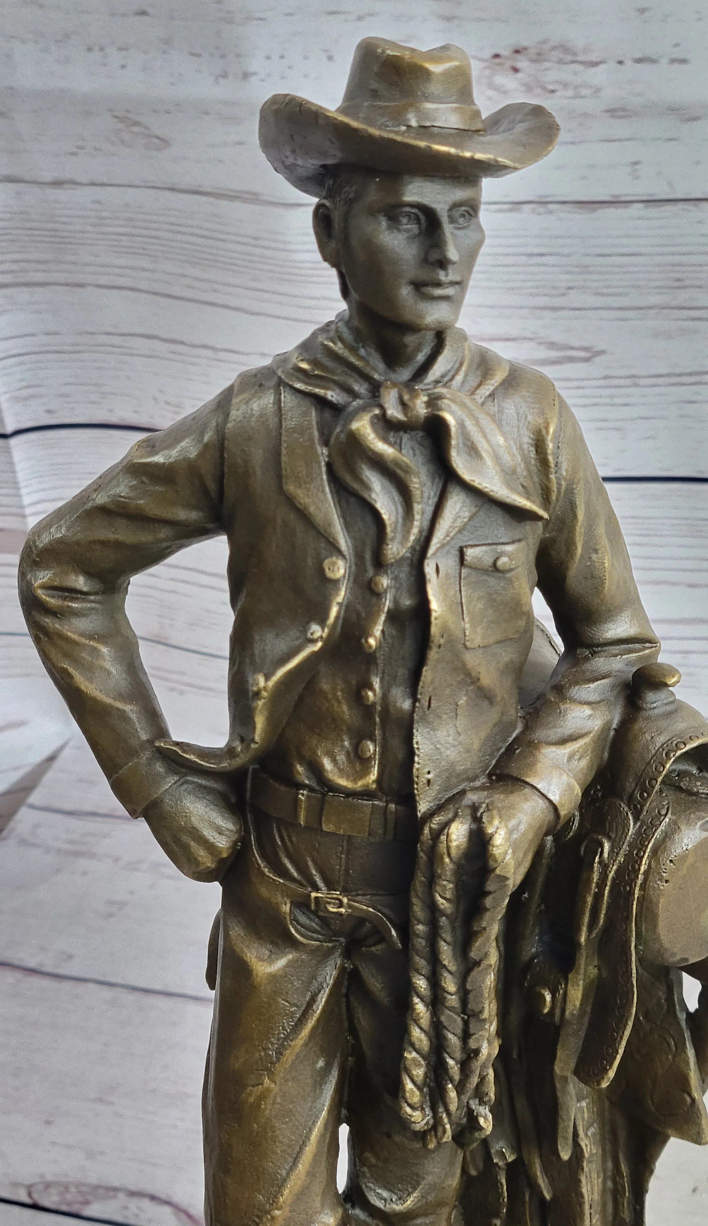 Signed Original Patoue French Artist Cowboy with Rope Bronze Statue Sculpture