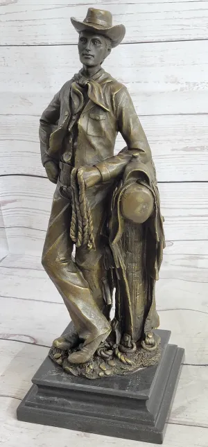 Signed Original Patoue French Artist Cowboy with Rope Bronze Statue Sculpture