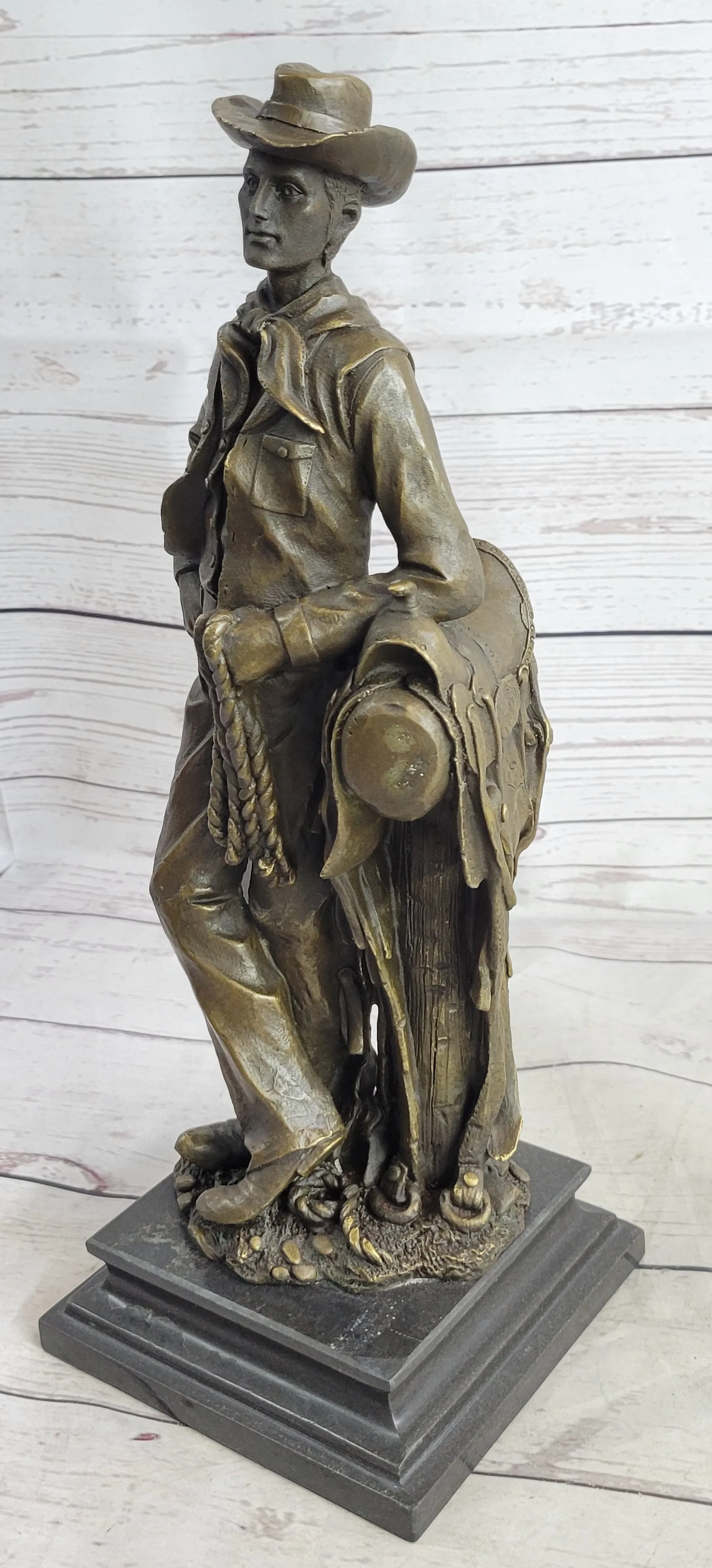 Signed Original Patoue French Artist Cowboy with Rope Bronze Statue Sculpture