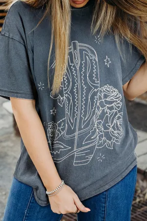 Slate Gray Western Cowboy Boots & Roses Drop Shoulder Cotton Tee