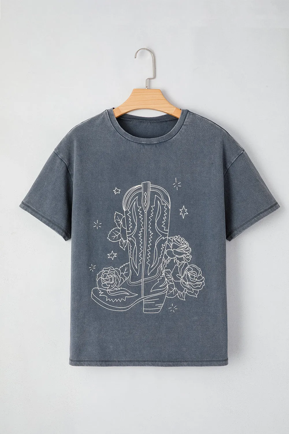 Slate Gray Western Cowboy Boots & Roses Drop Shoulder Cotton Tee