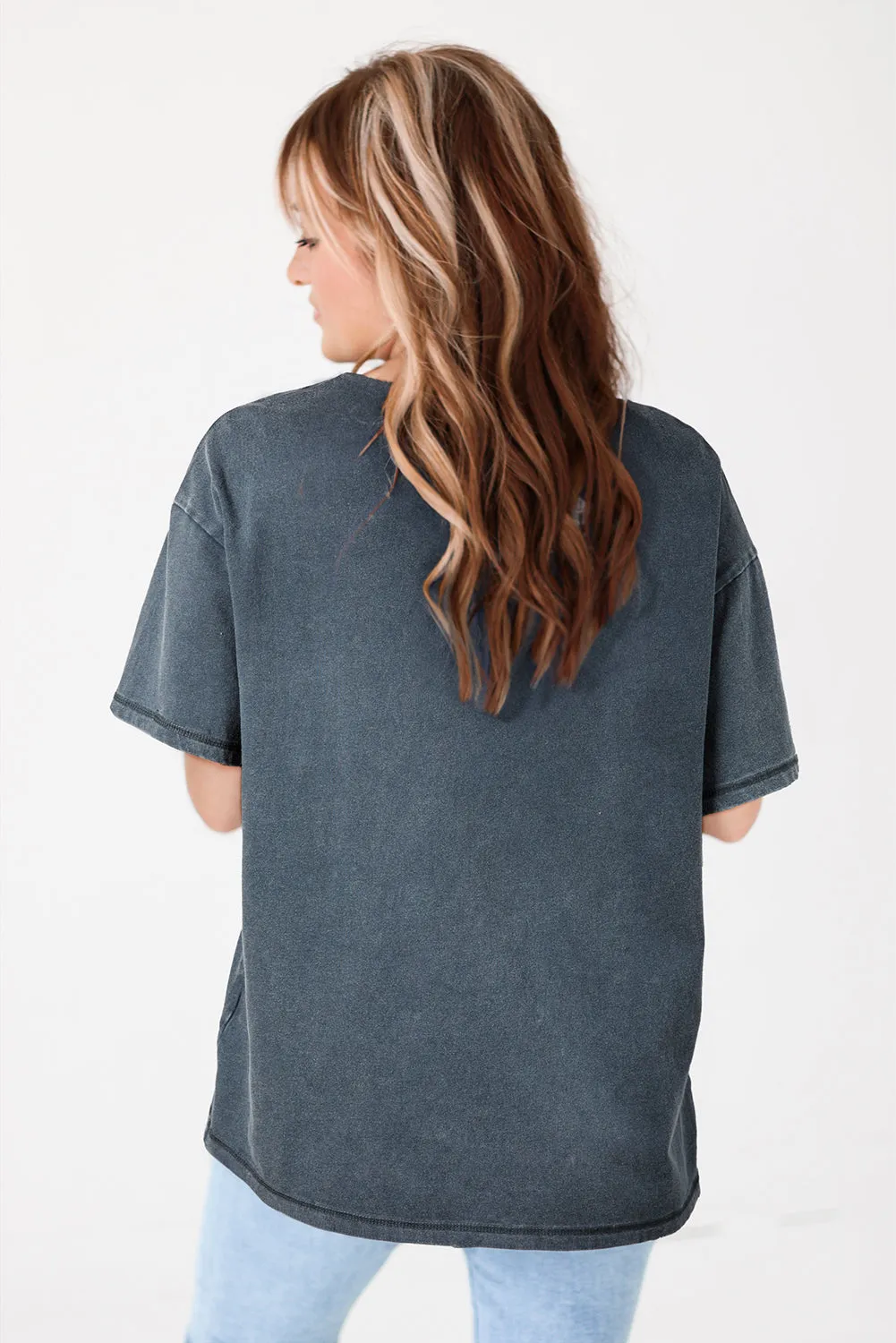 Slate Gray Western Cowboy Boots & Roses Drop Shoulder Cotton Tee