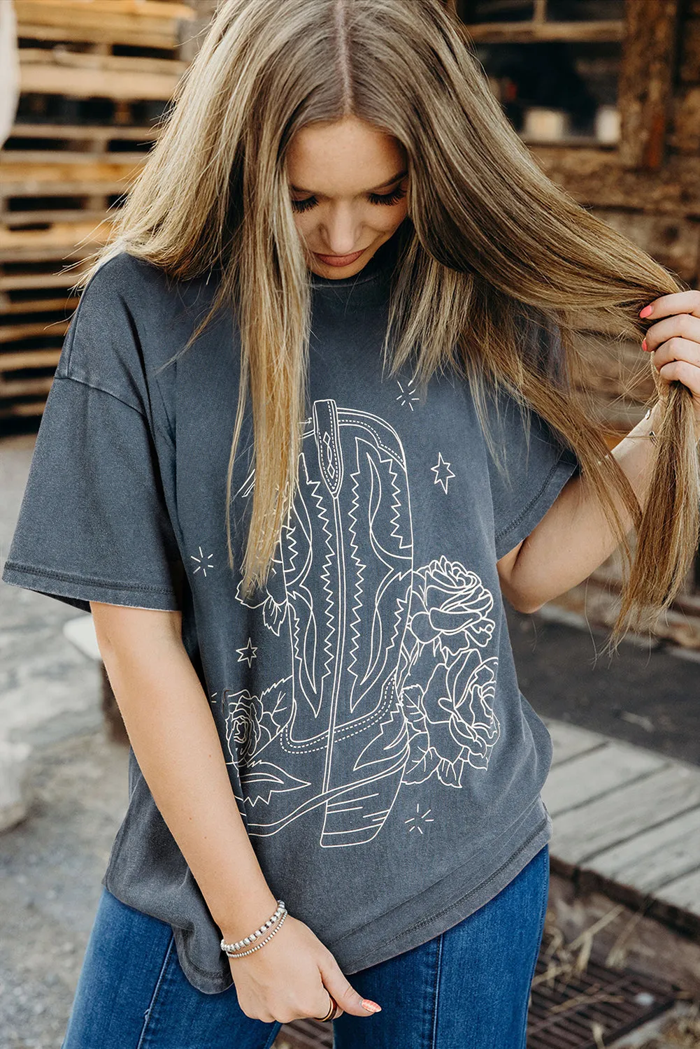 Slate Gray Western Cowboy Boots & Roses Drop Shoulder Cotton Tee