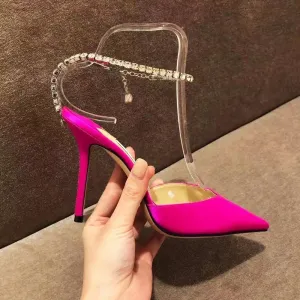 Sohiwoo High Heels  New Summer Rhinestone Chain Pointed Black Sexy Thin Heel Baotou Women's Sandals