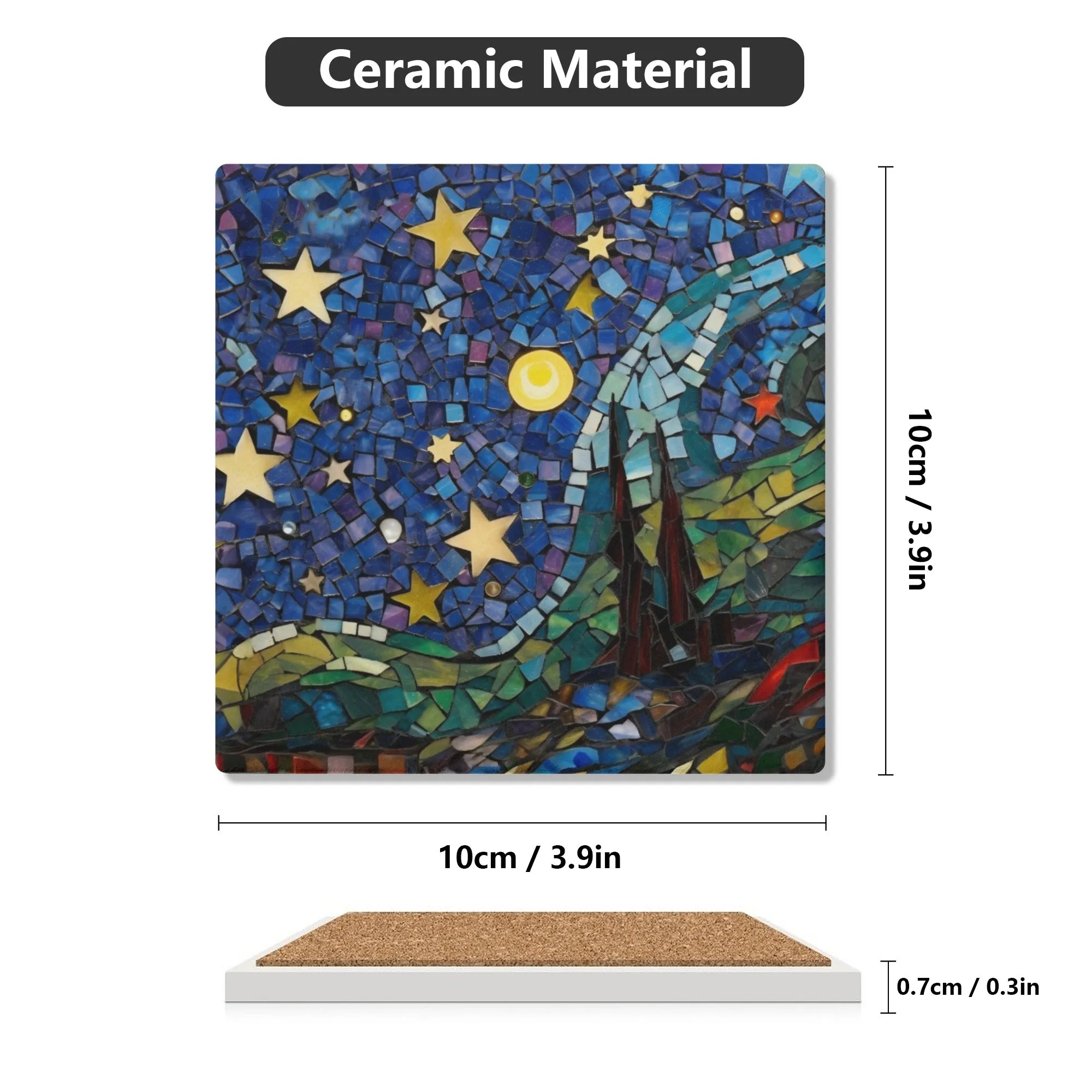 Starry Sky Nighttime Stain Glass Print on  Square Ceramic Coasters - Set of 4