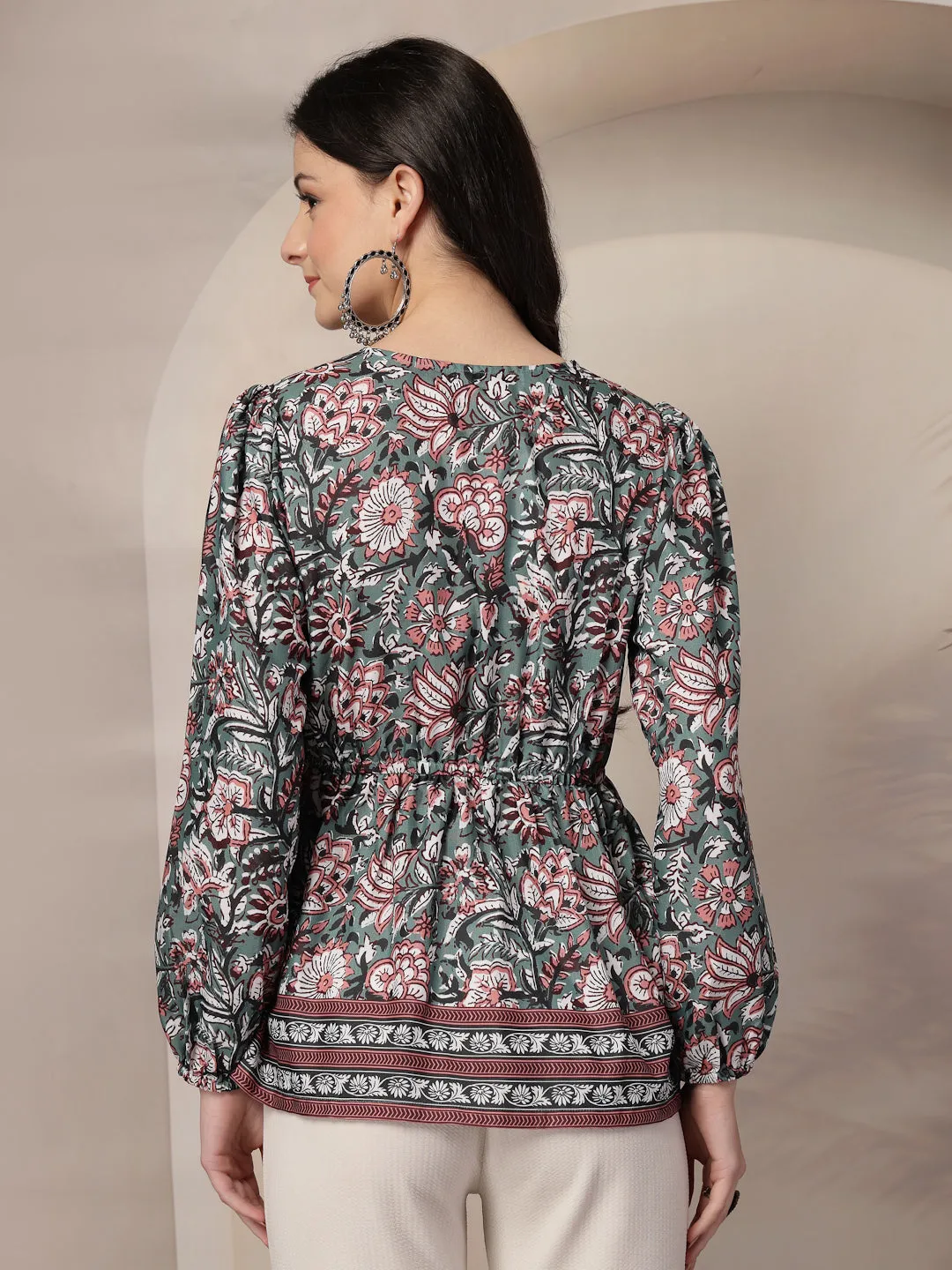 Style Quotient Women Floral Printed Green and Multi Polyviscose Peplum Tunic Top