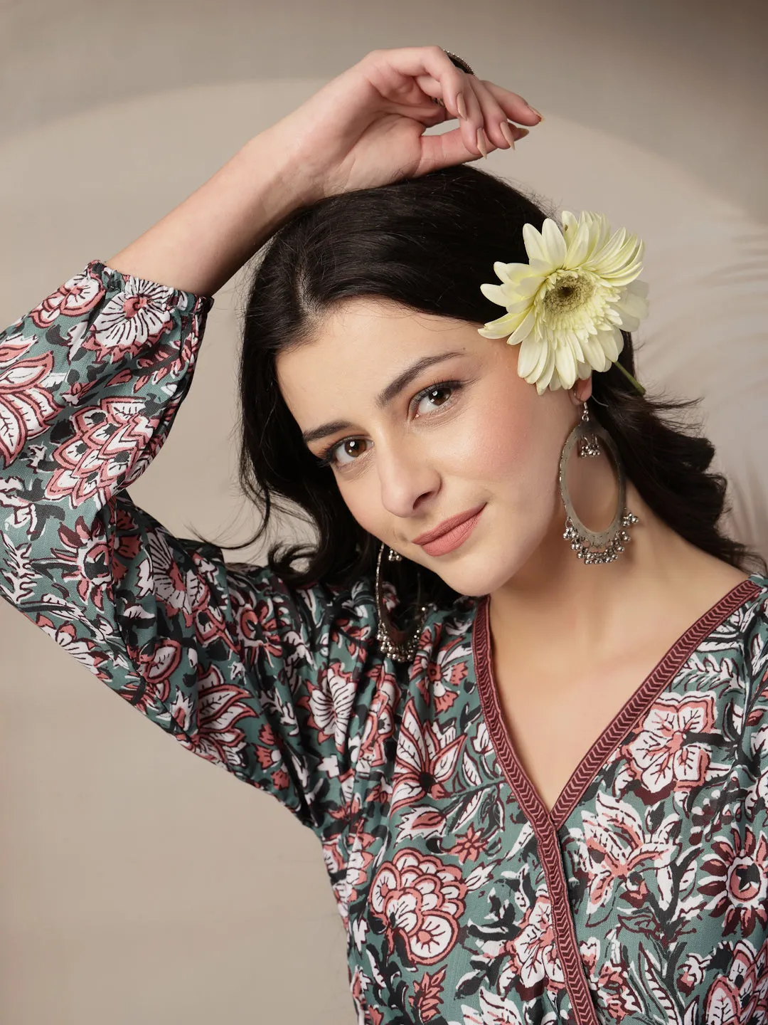 Style Quotient Women Floral Printed Green and Multi Polyviscose Peplum Tunic Top