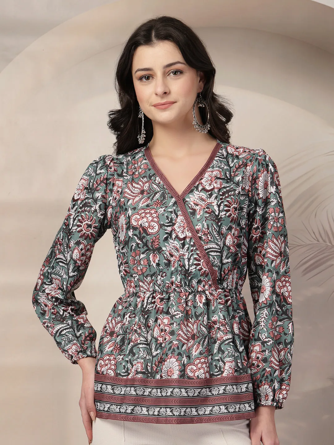 Style Quotient Women Floral Printed Green and Multi Polyviscose Peplum Tunic Top