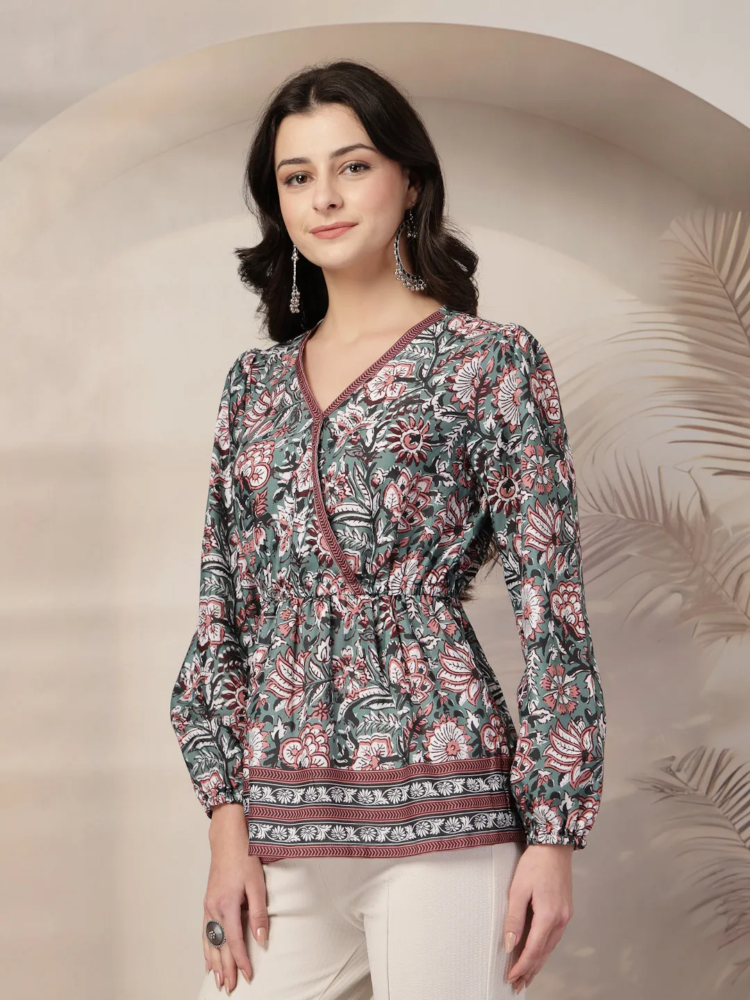 Style Quotient Women Floral Printed Green and Multi Polyviscose Peplum Tunic Top