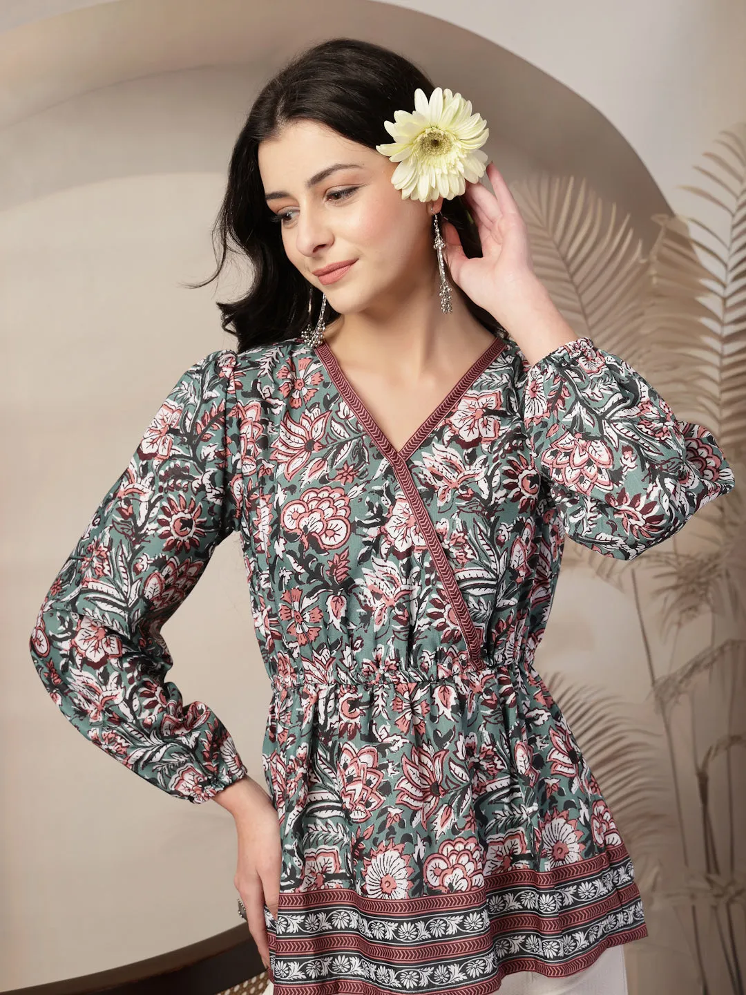 Style Quotient Women Floral Printed Green and Multi Polyviscose Peplum Tunic Top