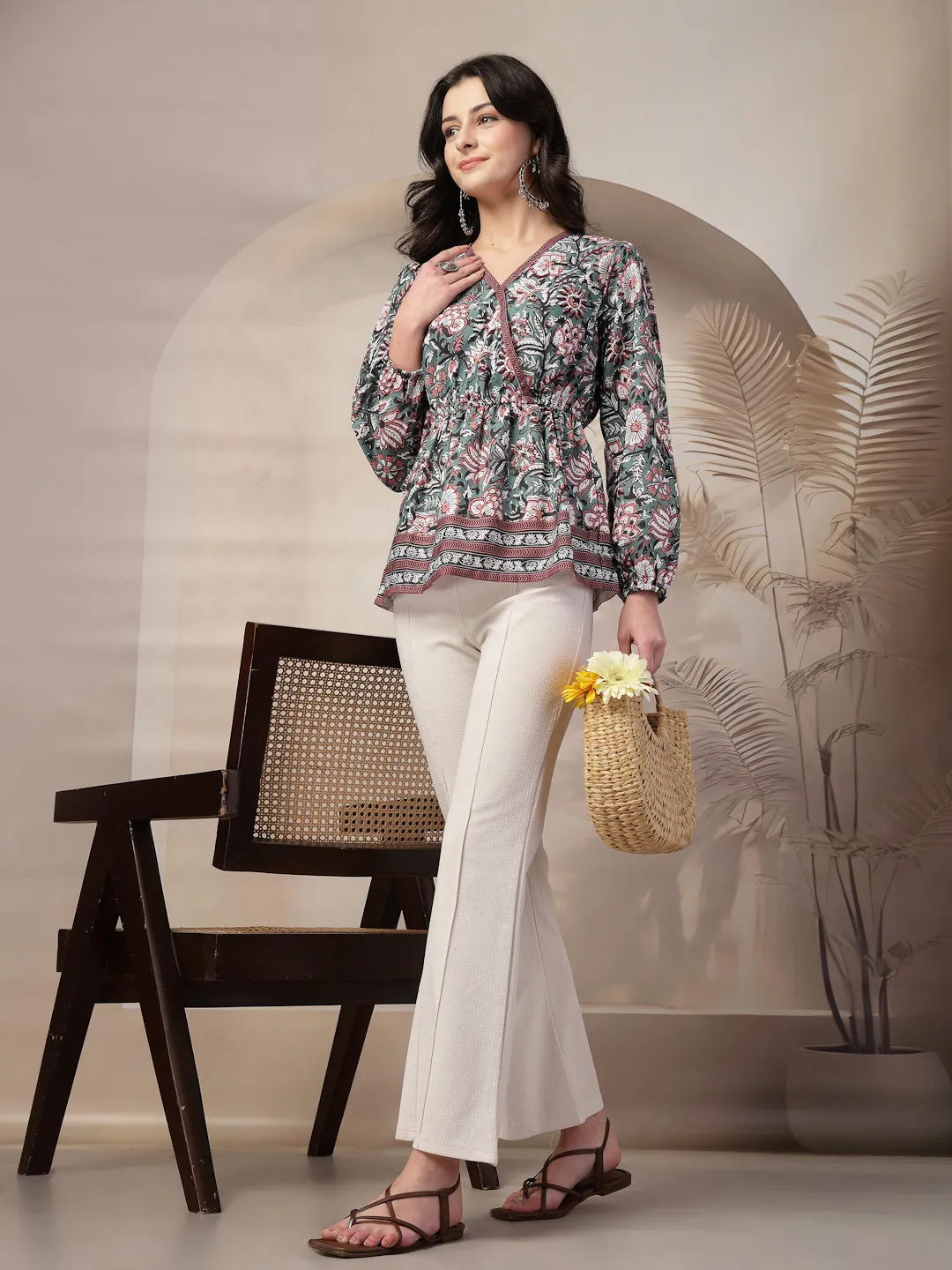 Style Quotient Women Floral Printed Green and Multi Polyviscose Peplum Tunic Top