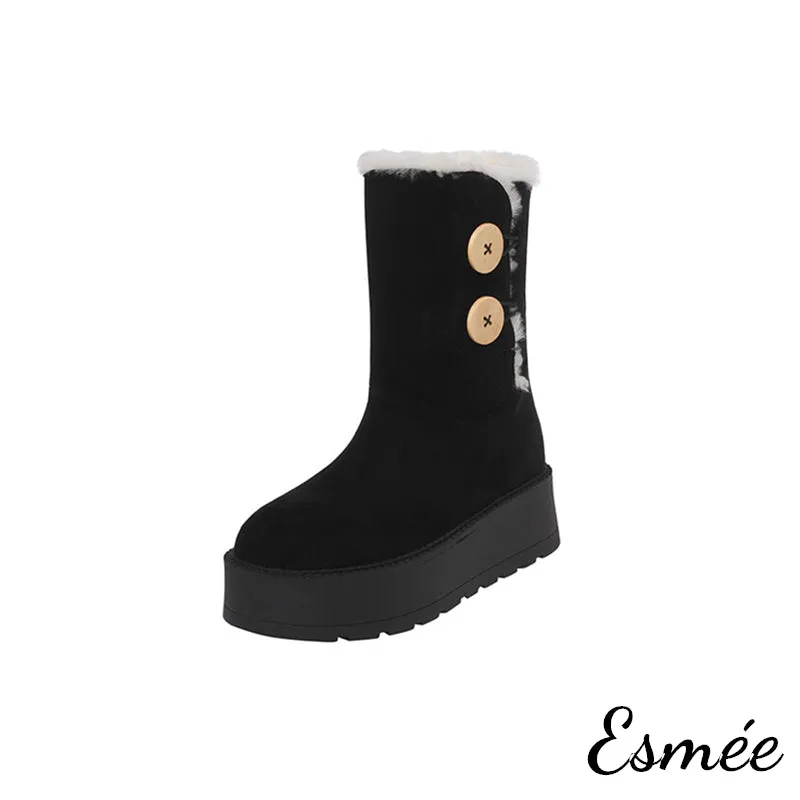 Suede Snow Boots with Button & Sheep Hair Design