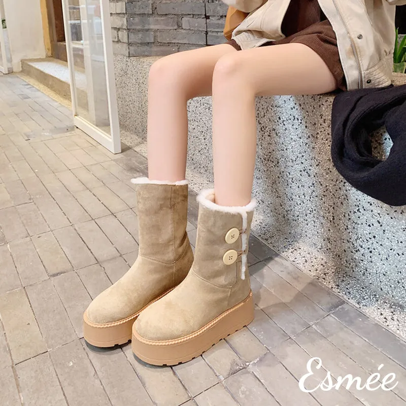 Suede Snow Boots with Button & Sheep Hair Design