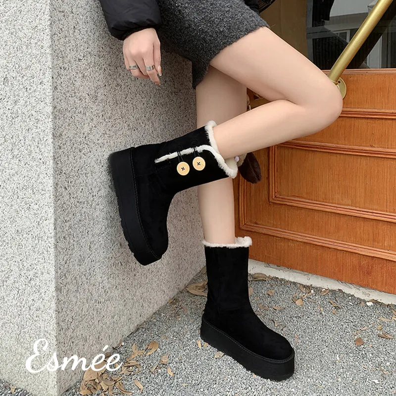 Suede Snow Boots with Button & Sheep Hair Design