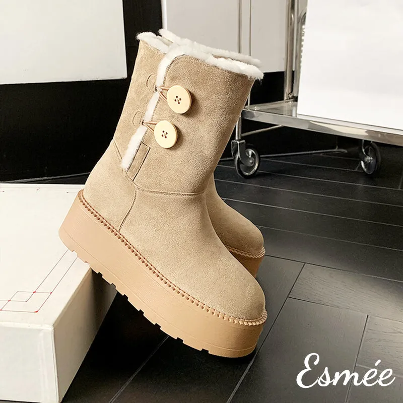 Suede Snow Boots with Button & Sheep Hair Design