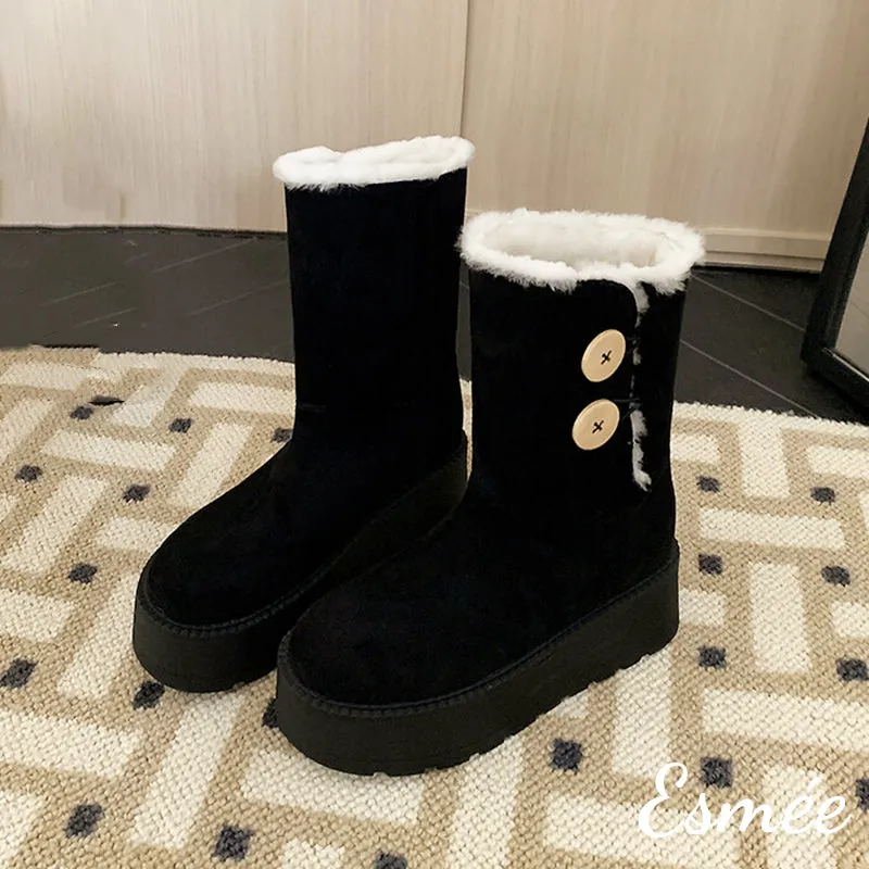 Suede Snow Boots with Button & Sheep Hair Design