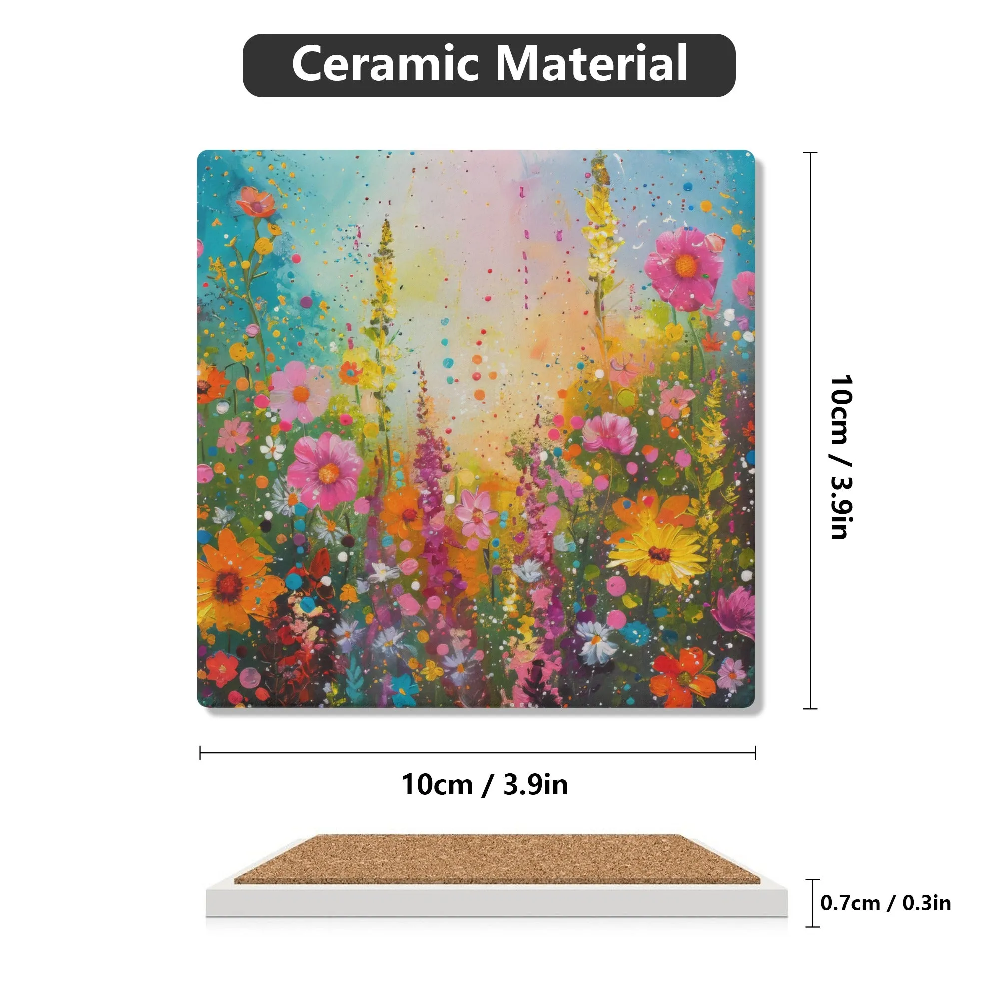 Summer Sunshine in Fields of Bright Flowers Print Square Ceramic Coasters - Set of 4