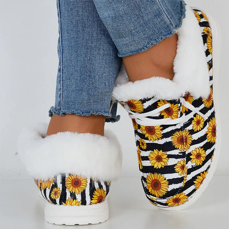 Sunflower Print Warm Flats Fur Lining Ankle Snow Boots