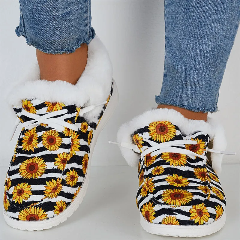Sunflower Print Warm Flats Fur Lining Ankle Snow Boots