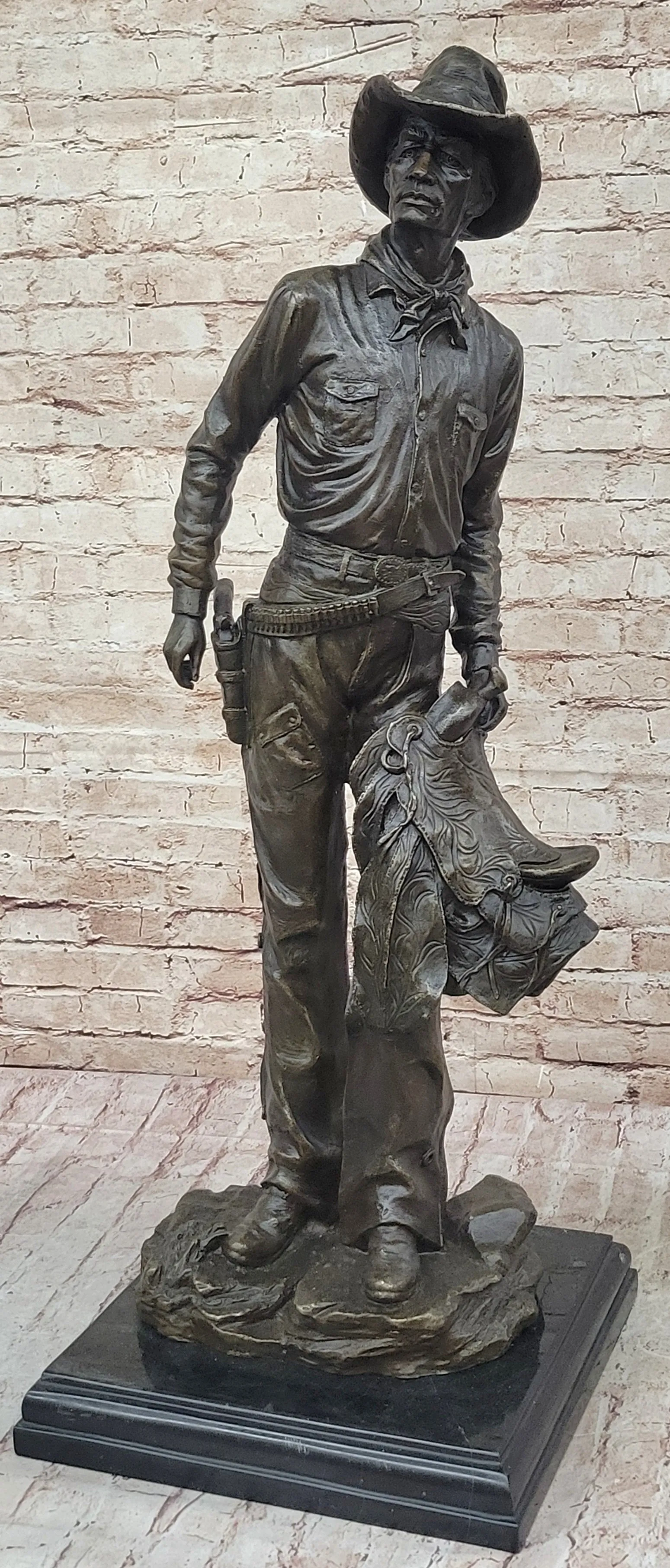 Tall Cowboy Holding Horse Saddle - Western Art Decor Bronze Sculpture Statue on Marble Base