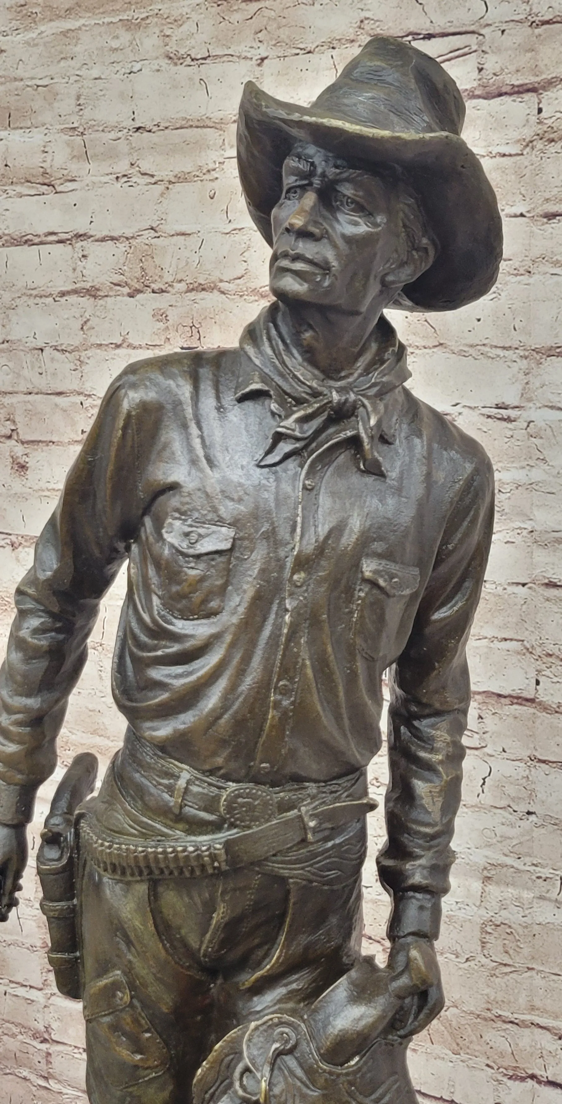 Tall Cowboy Holding Horse Saddle - Western Art Decor Bronze Sculpture Statue on Marble Base