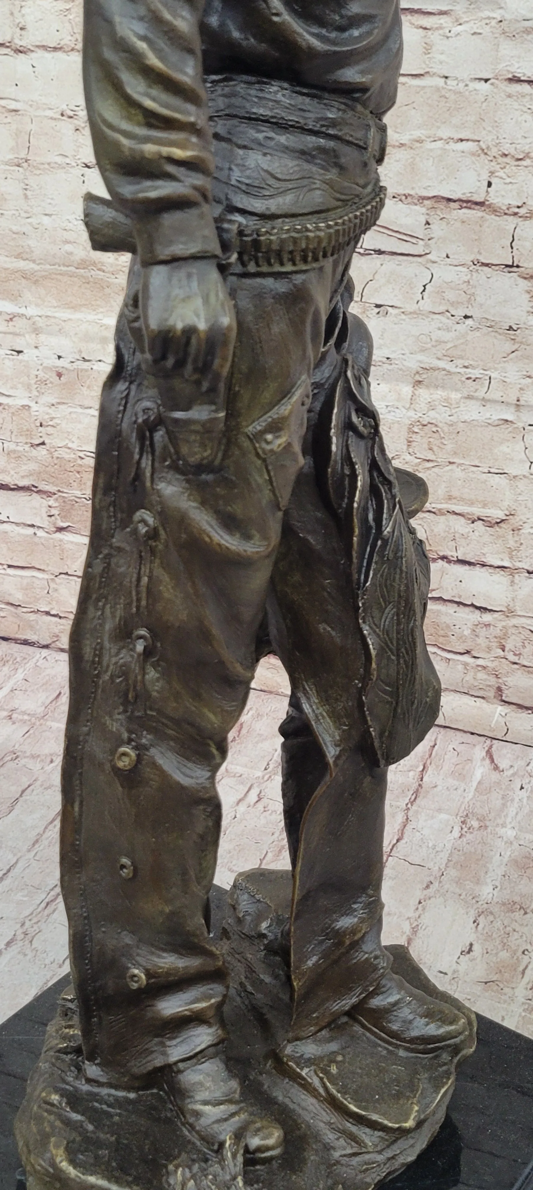 Tall Cowboy Holding Horse Saddle - Western Art Decor Bronze Sculpture Statue on Marble Base