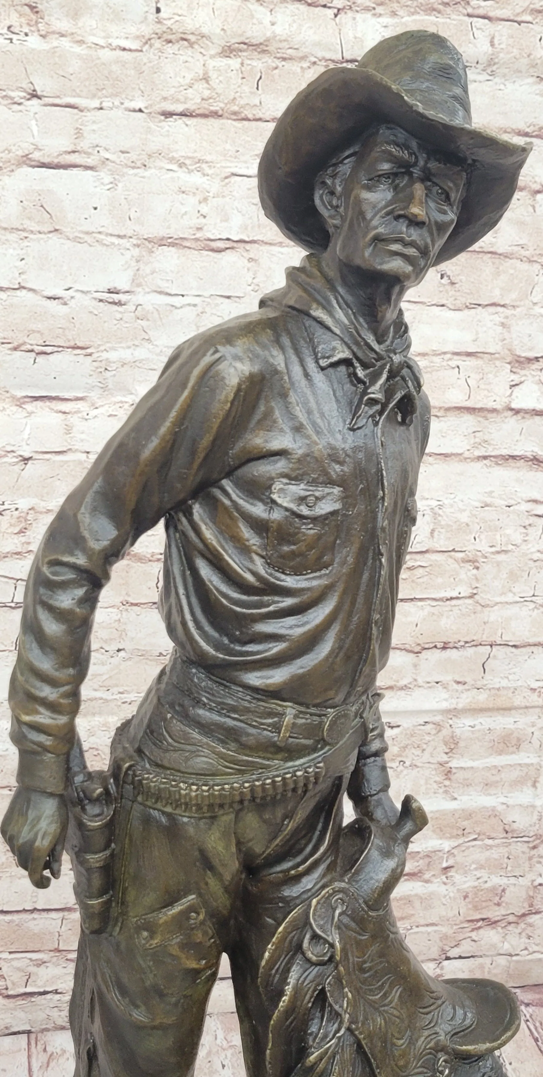 Tall Cowboy Holding Horse Saddle - Western Art Decor Bronze Sculpture Statue on Marble Base