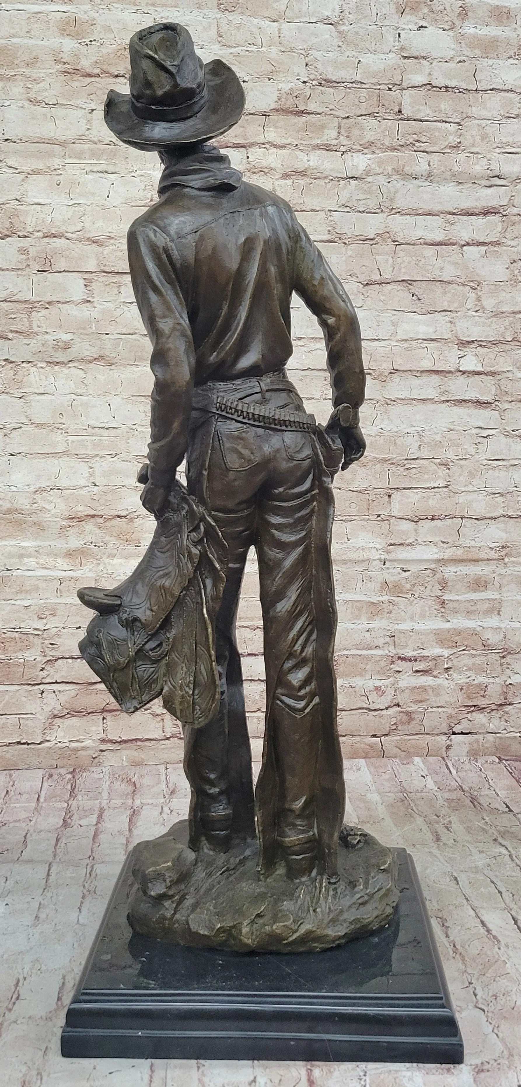 Tall Cowboy Holding Horse Saddle - Western Art Decor Bronze Sculpture Statue on Marble Base