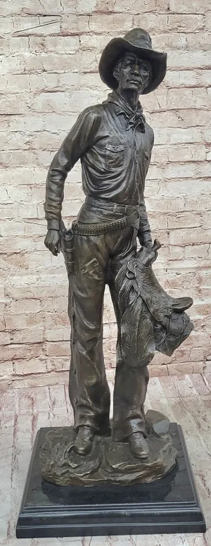 Tall Cowboy Holding Horse Saddle - Western Art Decor Bronze Sculpture Statue on Marble Base