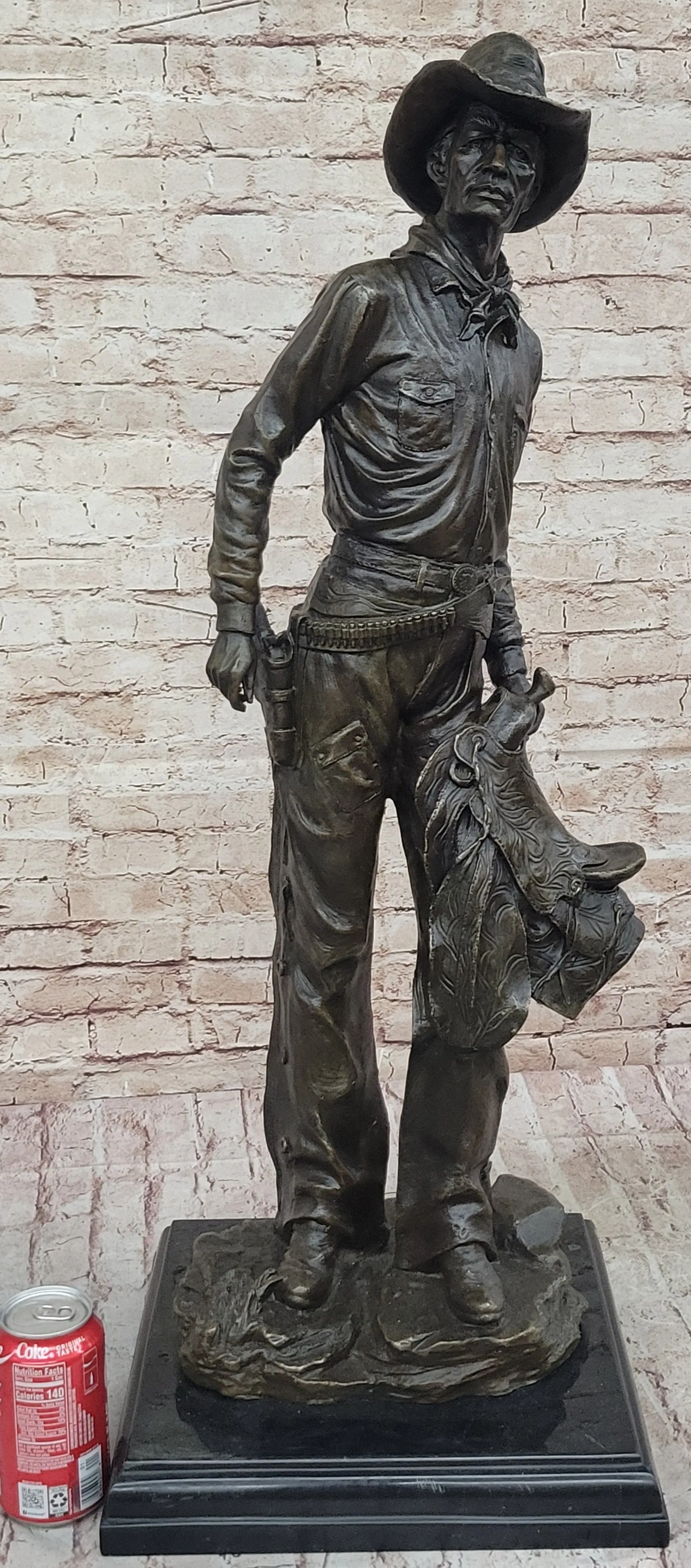 Tall Cowboy Holding Horse Saddle - Western Art Decor Bronze Sculpture Statue on Marble Base