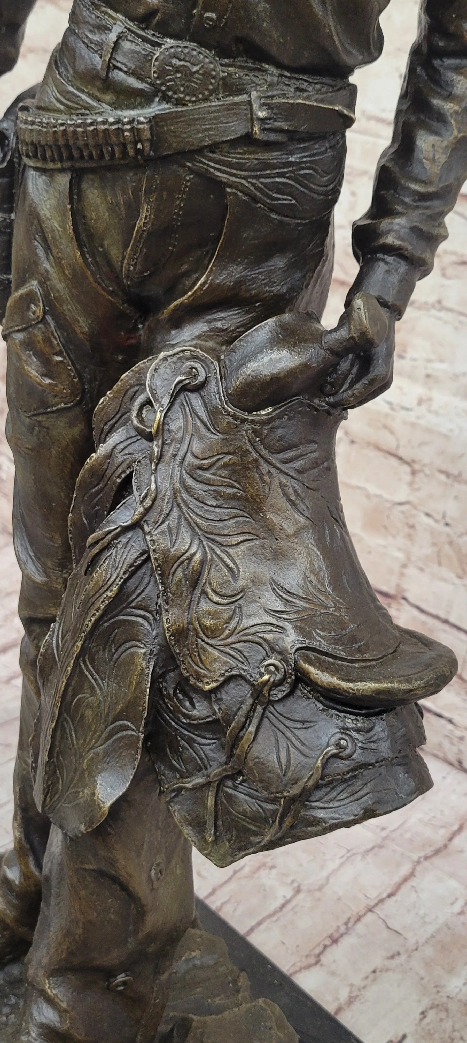 Tall Cowboy Holding Horse Saddle - Western Art Decor Bronze Sculpture Statue on Marble Base