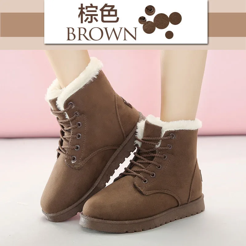 Thick Velvet Round Toe Lace Up Short Snow Boots