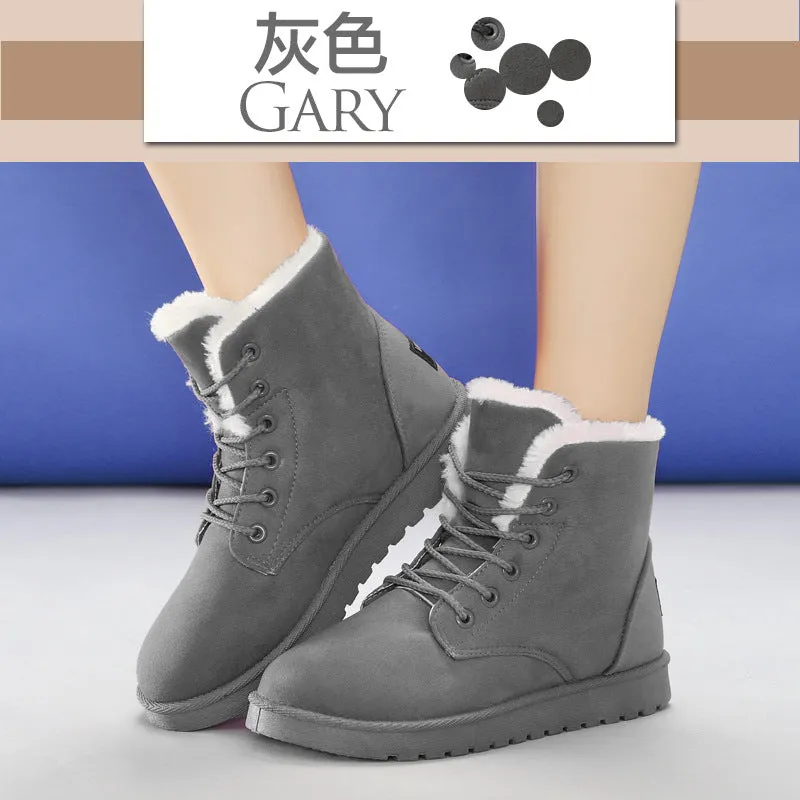 Thick Velvet Round Toe Lace Up Short Snow Boots