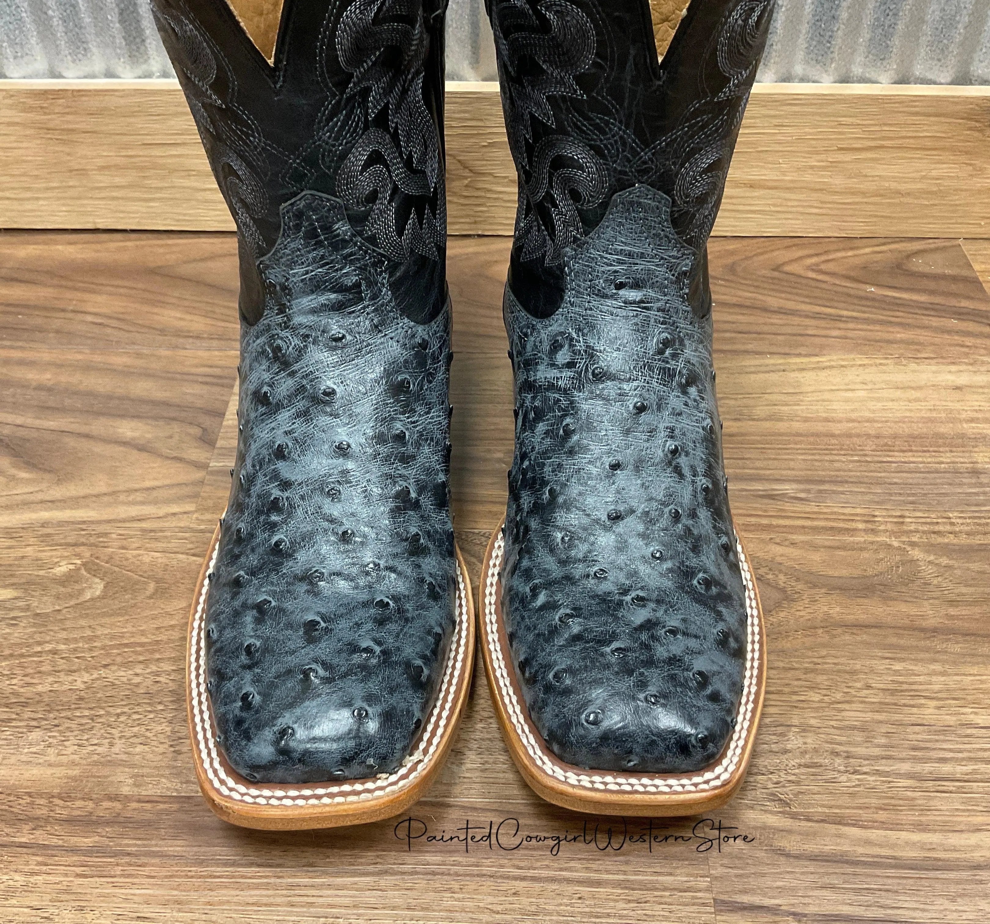 Tony Lama Men's Moore Grey Ostrich Square Toe Western Boots TL5355