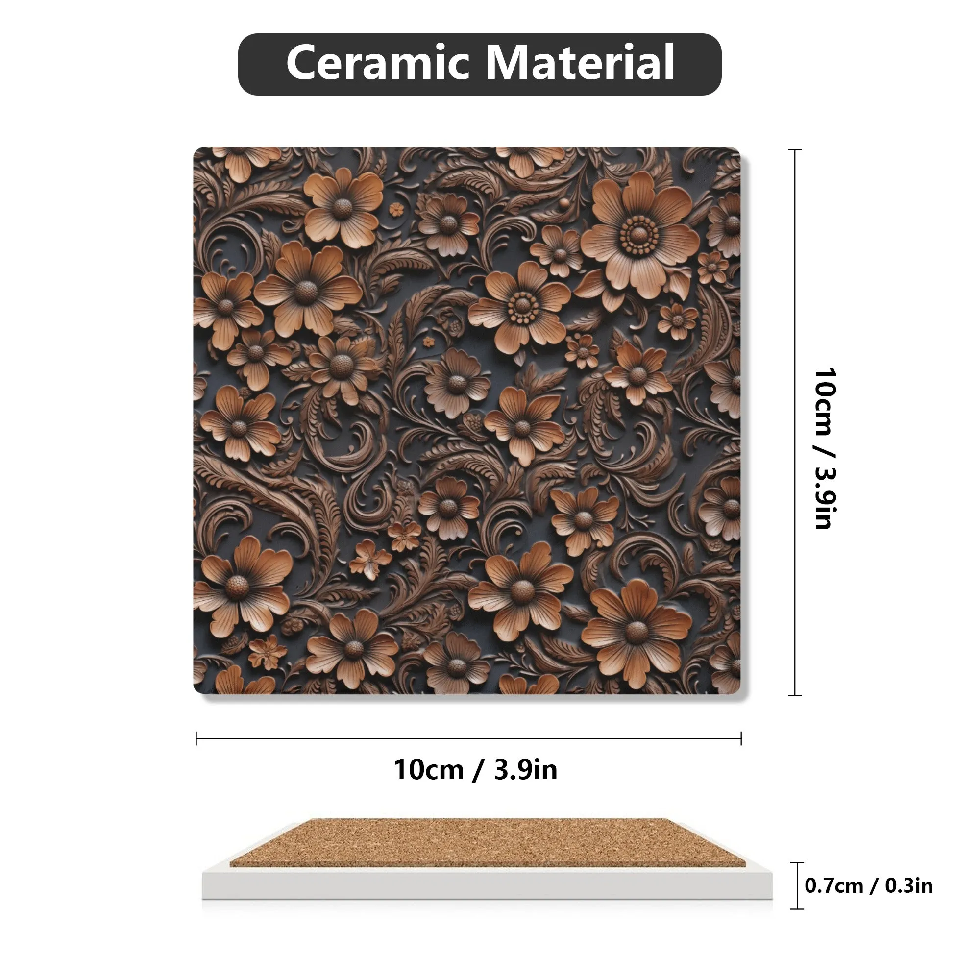 Tooled Deep Brown Leather Flowers Print Square Ceramic Coasters - Set of 4