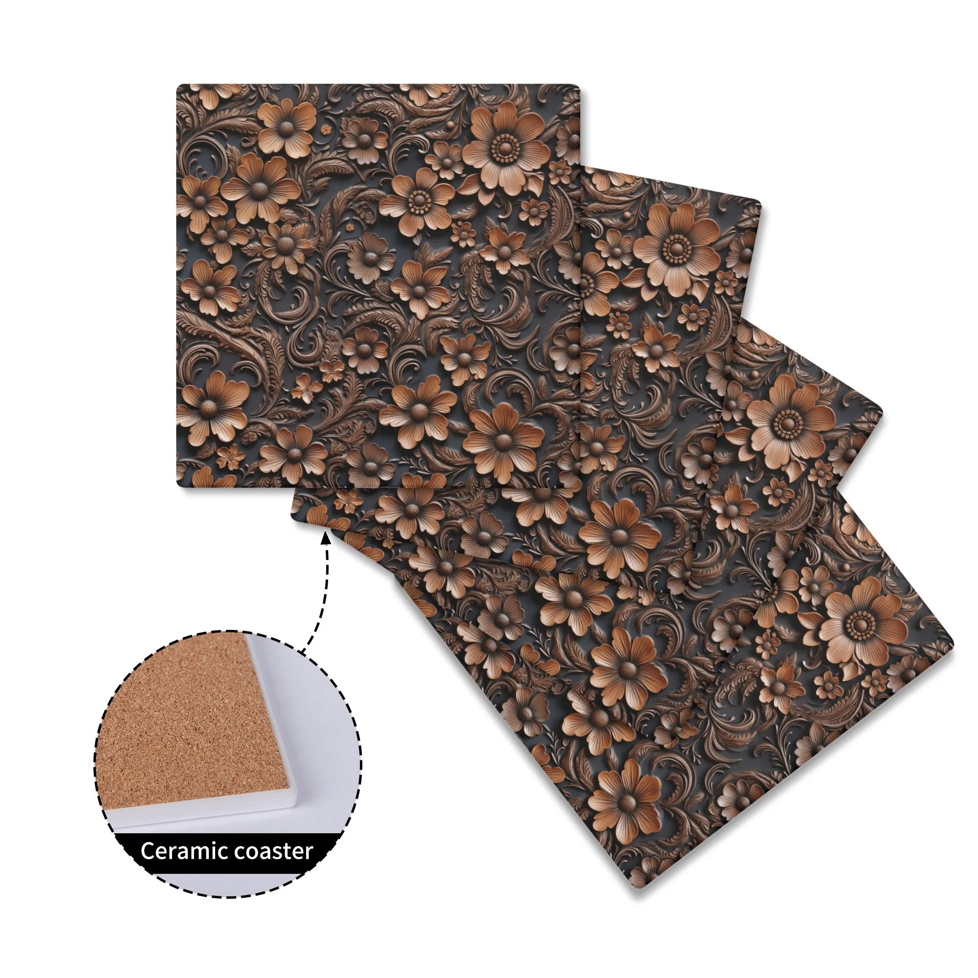 Tooled Deep Brown Leather Flowers Print Square Ceramic Coasters - Set of 4