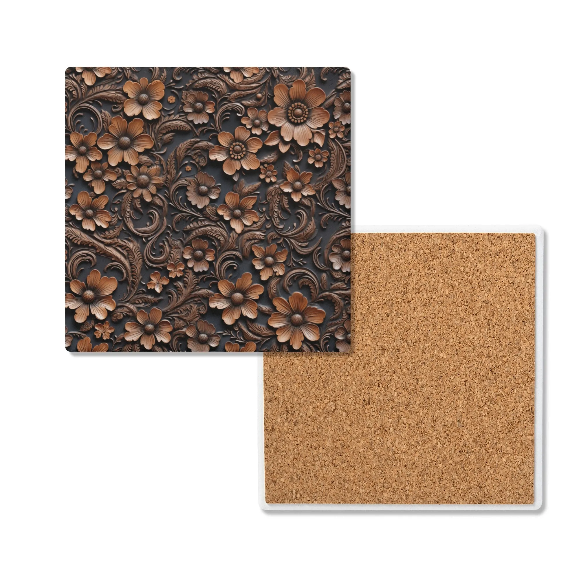 Tooled Deep Brown Leather Flowers Print Square Ceramic Coasters - Set of 4