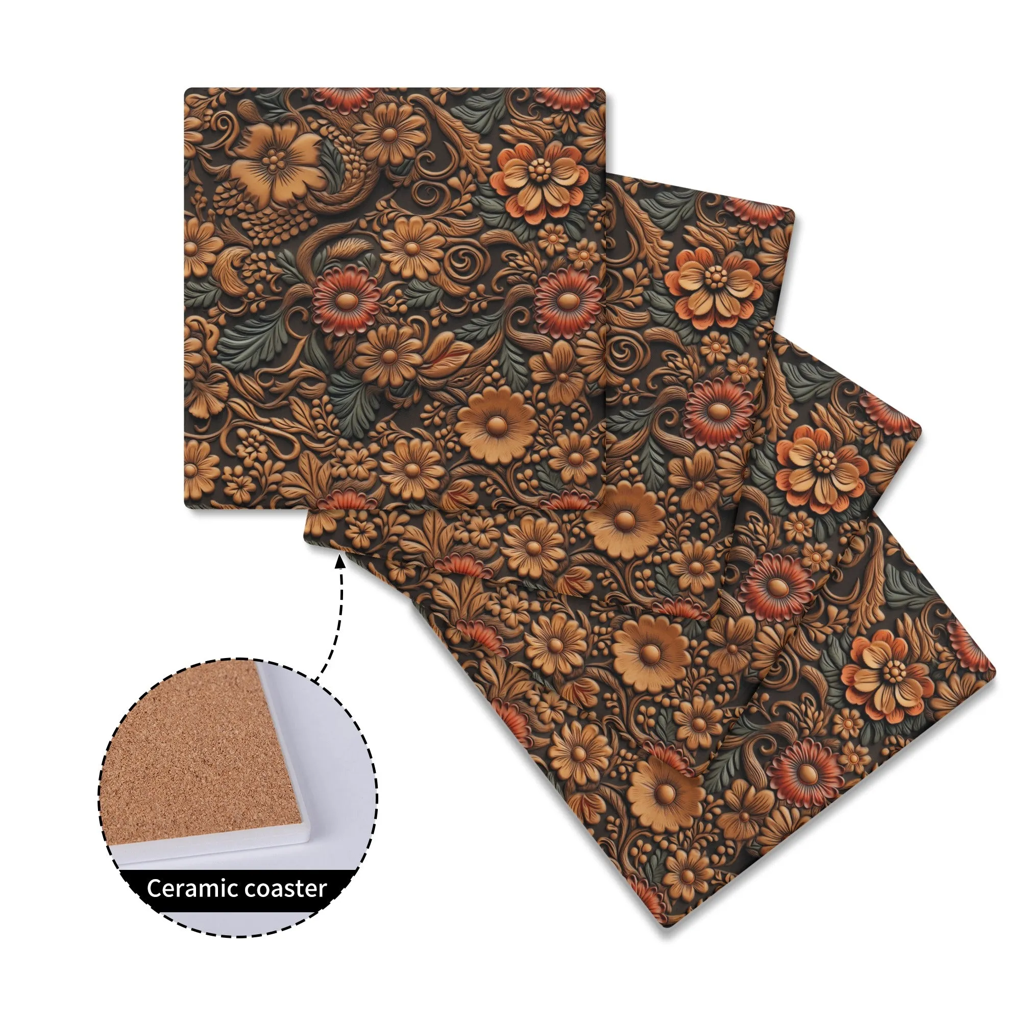 Tooled Leather Flowers with Red and Blue Accent Print Square Ceramic Coasters - Set of 4