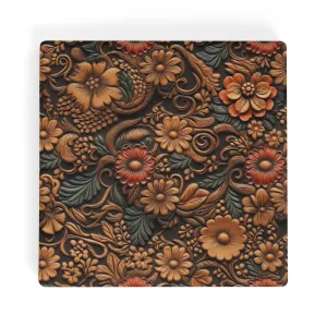 Tooled Leather Flowers with Red and Blue Accent Print Square Ceramic Coasters - Set of 4