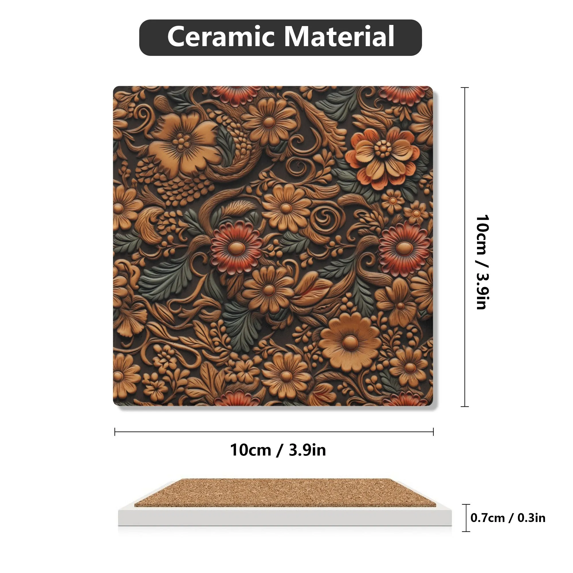 Tooled Leather Flowers with Red and Blue Accent Print Square Ceramic Coasters - Set of 4