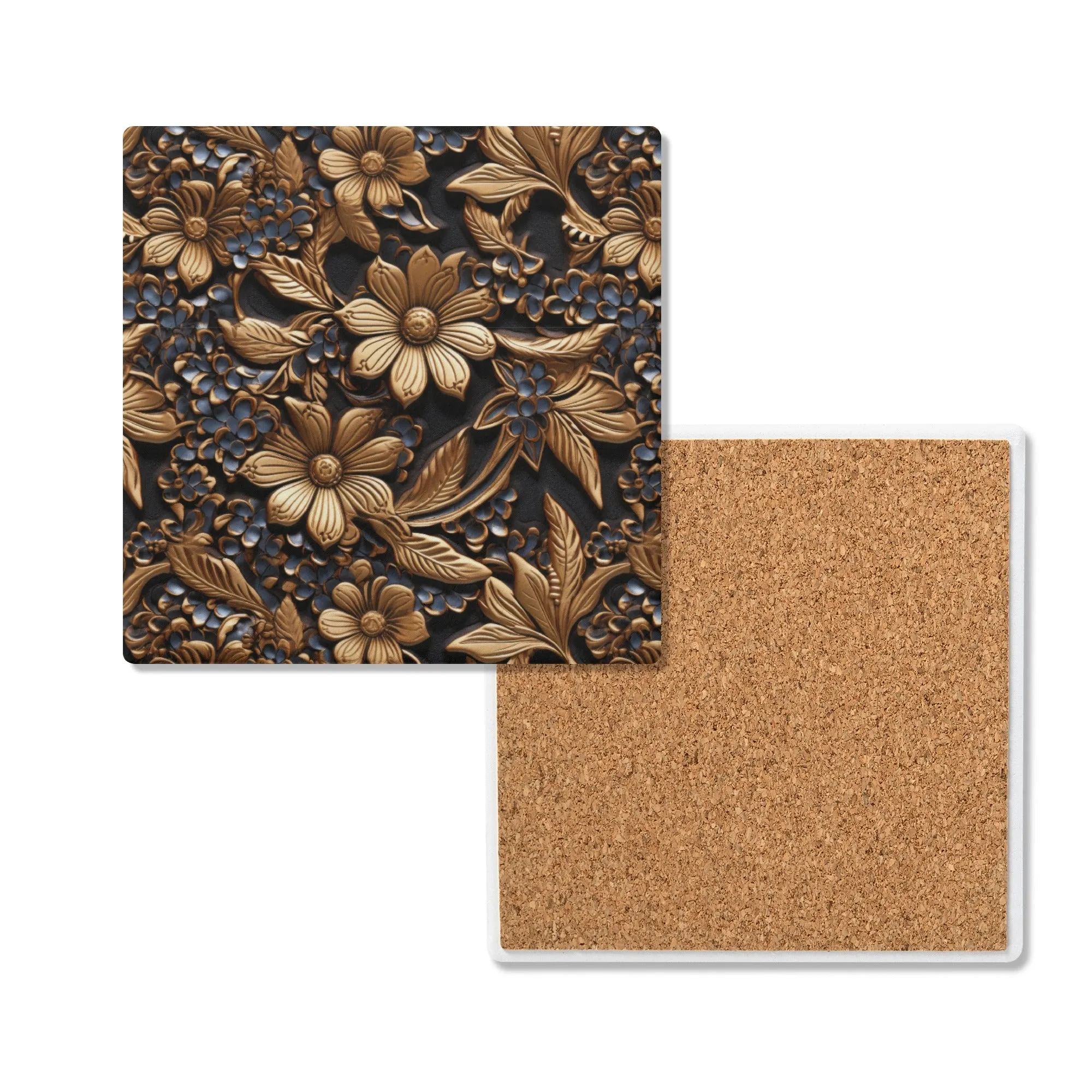 Tooled Leather Gold Flowers with Blue Accents Print Design Square Ceramic Coasters - Set of 4