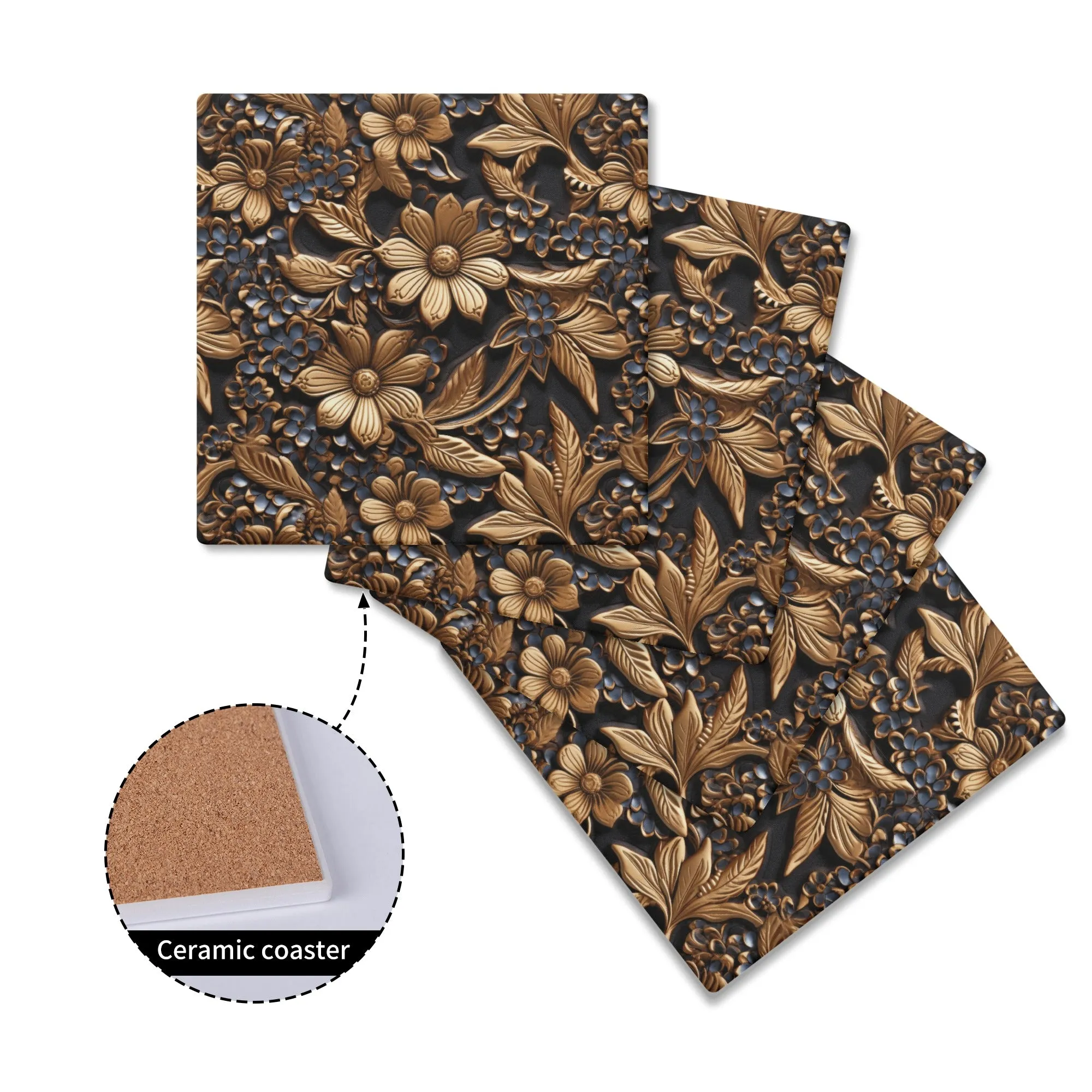 Tooled Leather Gold Flowers with Blue Accents Print Design Square Ceramic Coasters - Set of 4