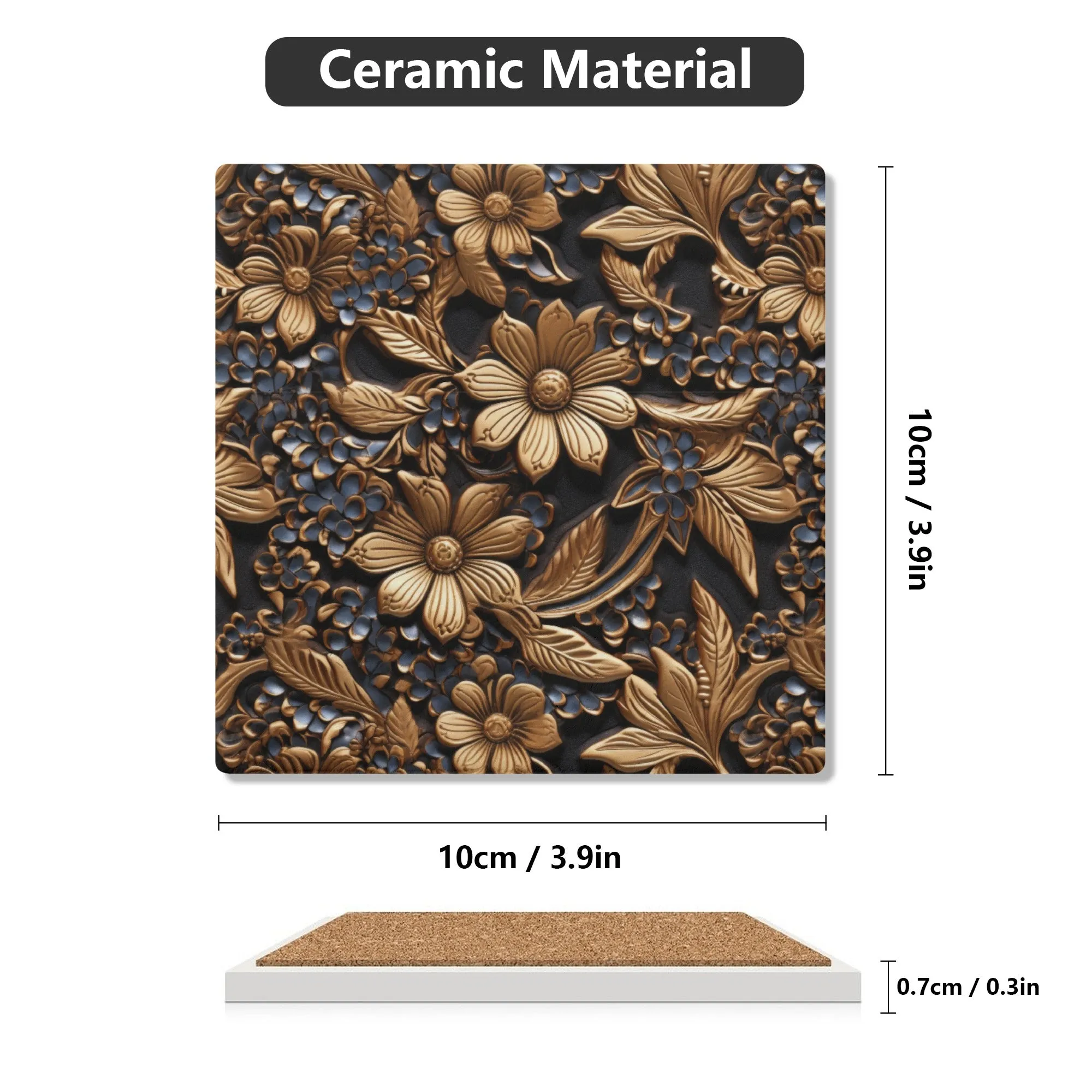 Tooled Leather Gold Flowers with Blue Accents Print Design Square Ceramic Coasters - Set of 4