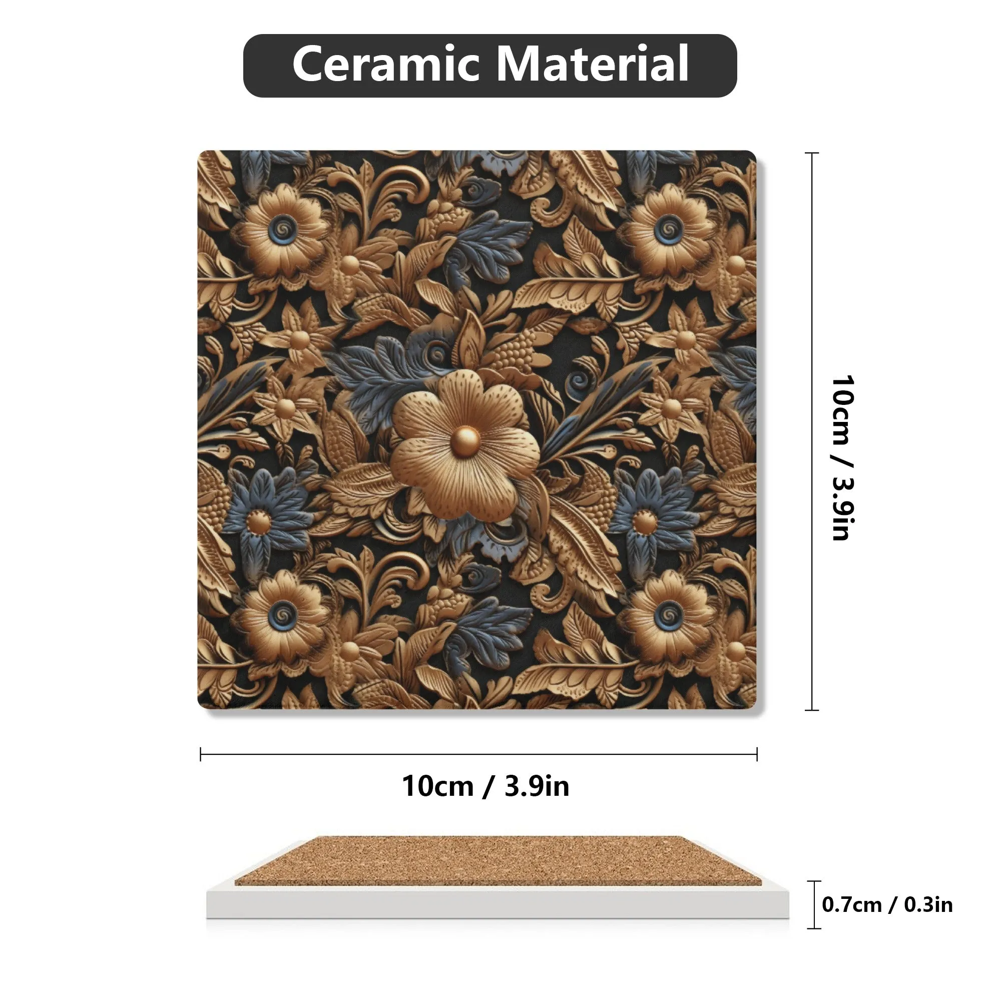 Tooled Leather Gold Flowers with Blue Leaves Accent Print Design Square Ceramic Coasters - Set of 4