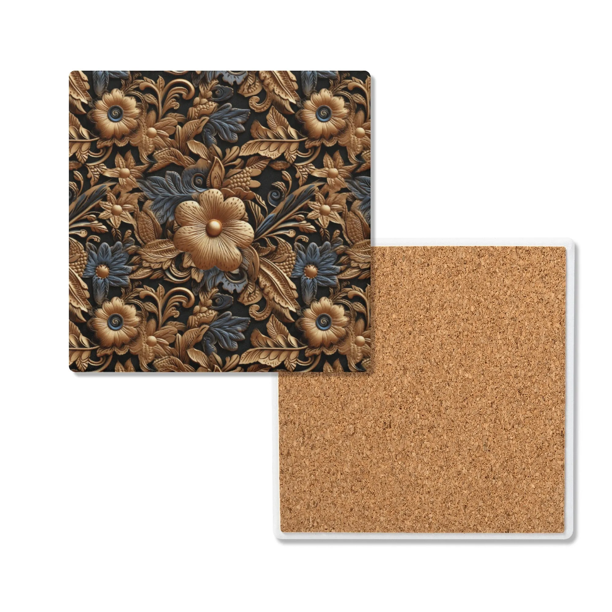 Tooled Leather Gold Flowers with Blue Leaves Accent Print Design Square Ceramic Coasters - Set of 4